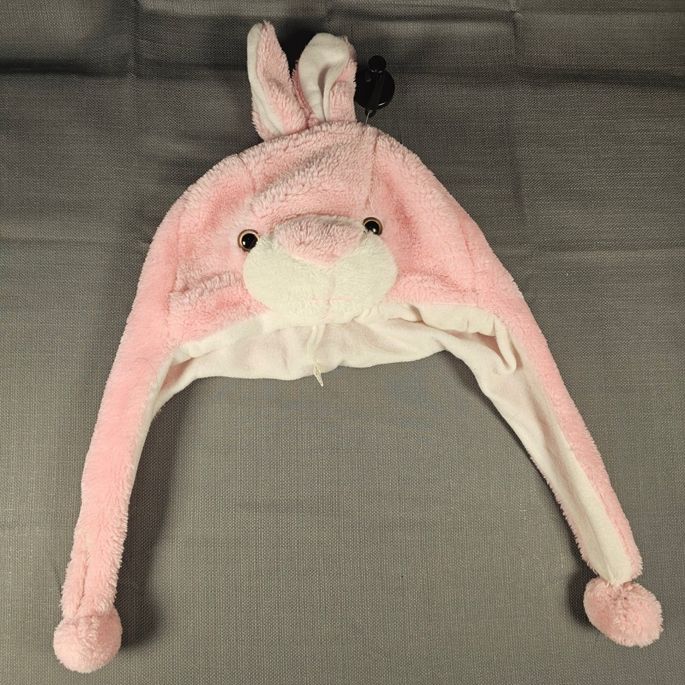 Pink Plush Bunny Rabbit Ear Flap Hat Faux Fur Winter Costume Pom Pom Novelty
